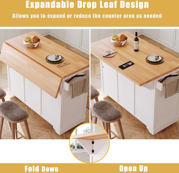 Multifunctional Kitchen Cart with 3 Drawers and 2 Glass-Front Doors, Mobile Kitchen Island with Drop-Leaf Table, 120L x 71W x 98H cm, White Aosom UK