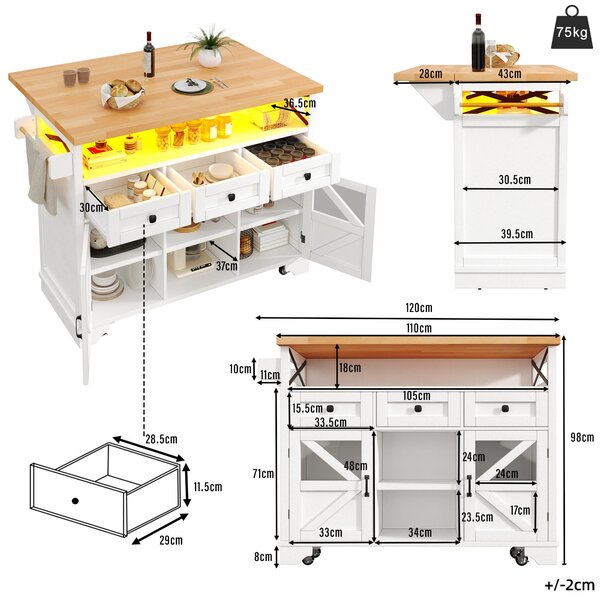 Multifunctional Kitchen Cart with 3 Drawers and 2 Glass-Front Doors, Mobile Kitchen Island with Drop-Leaf Table, 120L x 71W x 98H cm, White Aosom UK