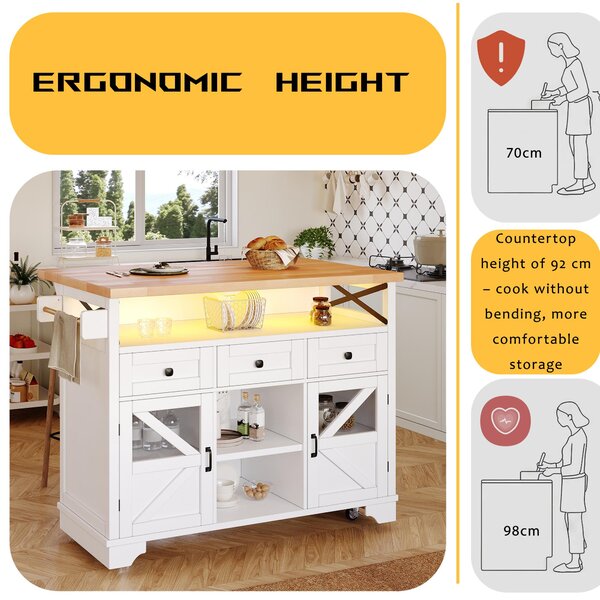 Multifunctional Kitchen Cart with 3 Drawers and 2 Glass-Front Doors, Mobile Kitchen Island with Drop-Leaf Table, 120L x 71W x 98H cm, White Aosom UK