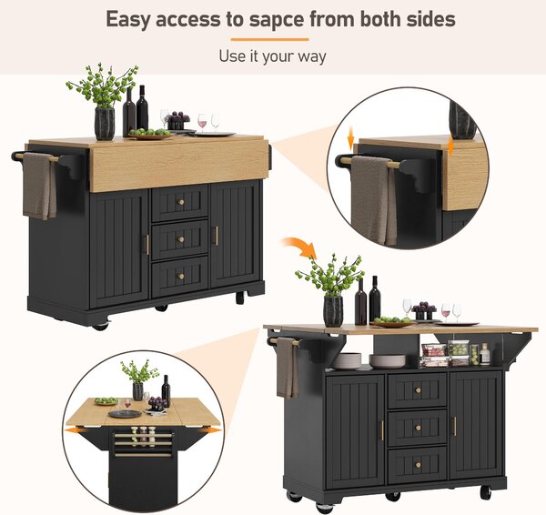 Extendable Kitchen Island with 3 Drawers and Adjustable Shelves, Trolley Cabinet with Double-Sided Drop-Leaf, 120L x 40-80W x 95H cm, Black Aosom UK