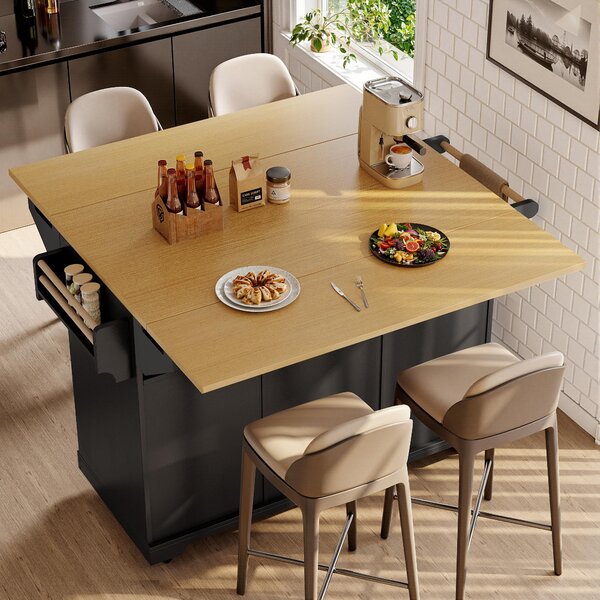 Extendable Kitchen Island with 3 Drawers and Adjustable Shelves, Trolley Cabinet with Double-Sided Drop-Leaf, 120L x 40-80W x 95H cm, Black Aosom UK