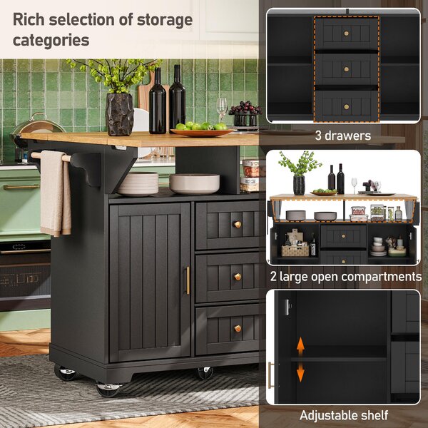 Extendable Kitchen Island with 3 Drawers and Adjustable Shelves, Trolley Cabinet with Double-Sided Drop-Leaf, 120L x 40-80W x 95H cm, Black Aosom UK