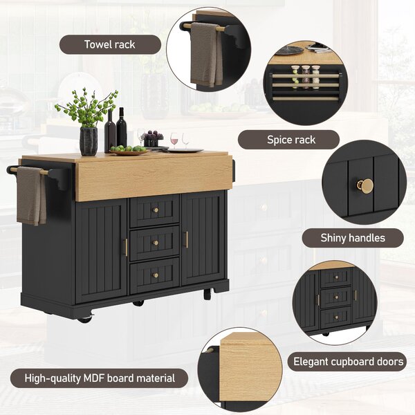 Extendable Kitchen Island with 3 Drawers and Adjustable Shelves, Trolley Cabinet with Double-Sided Drop-Leaf, 120L x 40-80W x 95H cm, Black Aosom UK