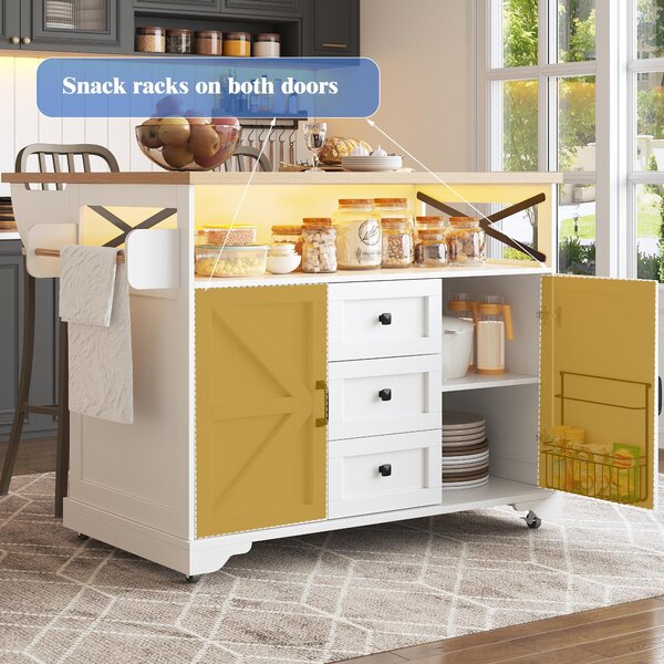 Mobile Kitchen Island with Drop-Leaf Table and Multi-Tier Snack Shelves, Serving Cart with App-Controlled LED, 120L x 72W x 98H cm, White Aosom UK