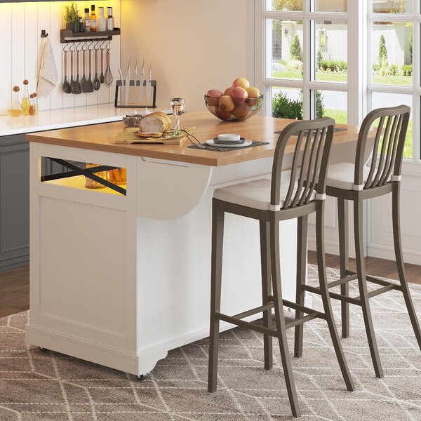 Mobile Kitchen Island with Drop-Leaf Table and Multi-Tier Snack Shelves, Serving Cart with App-Controlled LED, 120L x 72W x 98H cm, White Aosom UK