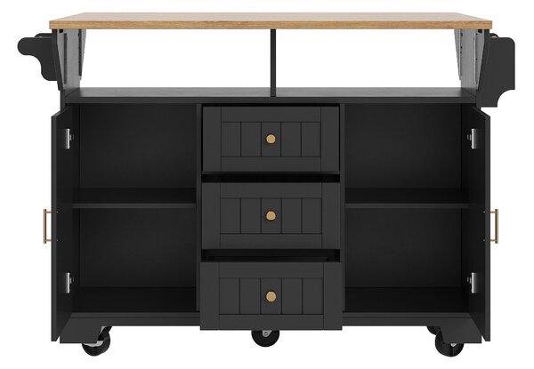 Extendable Kitchen Island with 3 Drawers and Adjustable Shelves, Trolley Cabinet with Double-Sided Drop-Leaf, 120L x 40-80W x 95H cm, Black Aosom UK