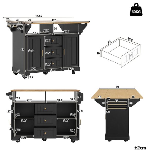 Extendable Kitchen Island with 3 Drawers and Adjustable Shelves, Trolley Cabinet with Double-Sided Drop-Leaf, 120L x 40-80W x 95H cm, Black Aosom UK