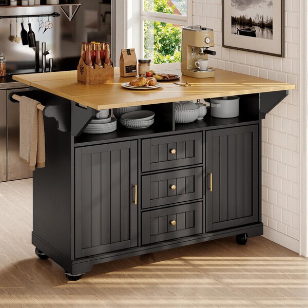 Extendable Kitchen Island with 3 Drawers and Adjustable Shelves, Trolley Cabinet with Double-Sided Drop-Leaf, 120L x 40-80W x 95H cm, Black Aosom UK