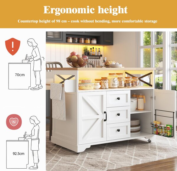 Mobile Kitchen Island with Drop-Leaf Table and Multi-Tier Snack Shelves, Serving Cart with App-Controlled LED, 120L x 72W x 98H cm, White Aosom UK