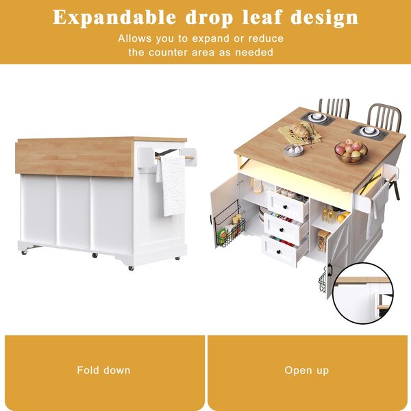 Mobile Kitchen Island with Drop-Leaf Table and Multi-Tier Snack Shelves, Serving Cart with App-Controlled LED, 120L x 72W x 98H cm, White Aosom UK