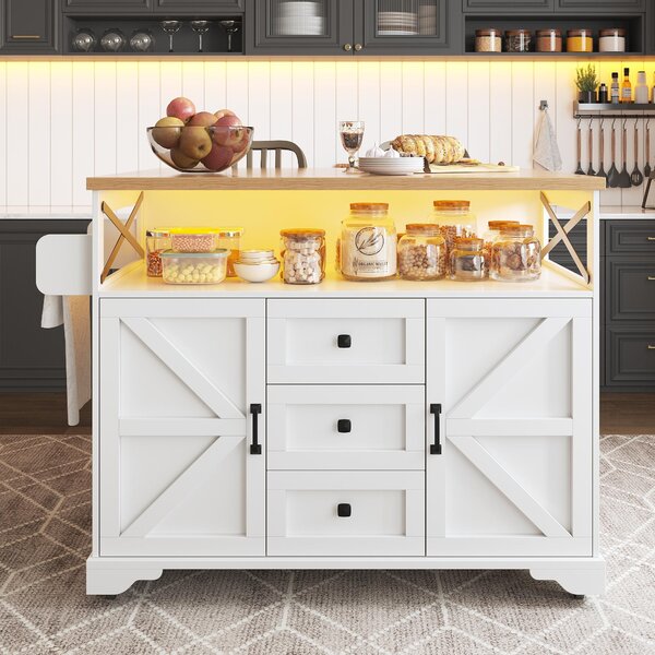 Mobile Kitchen Island with Drop-Leaf Table and Multi-Tier Snack Shelves, Serving Cart with App-Controlled LED, 120L x 72W x 98H cm, White Aosom UK