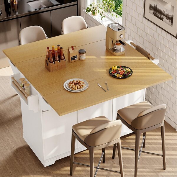 Extendable Kitchen Island with 3 Drawers, 2 Doors & Adjustable Shelves, Versatile Trolley for Dining, 120L x 40-80W x 95H cm, White Aosom UK