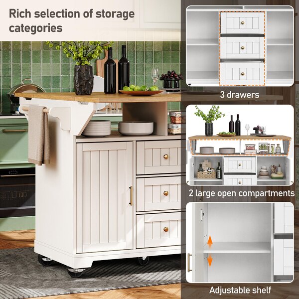Extendable Kitchen Island with 3 Drawers, 2 Doors & Adjustable Shelves, Versatile Trolley for Dining, 120L x 40-80W x 95H cm, White Aosom UK