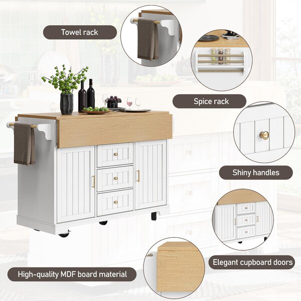 Extendable Kitchen Island with 3 Drawers, 2 Doors & Adjustable Shelves, Versatile Trolley for Dining, 120L x 40-80W x 95H cm, White Aosom UK