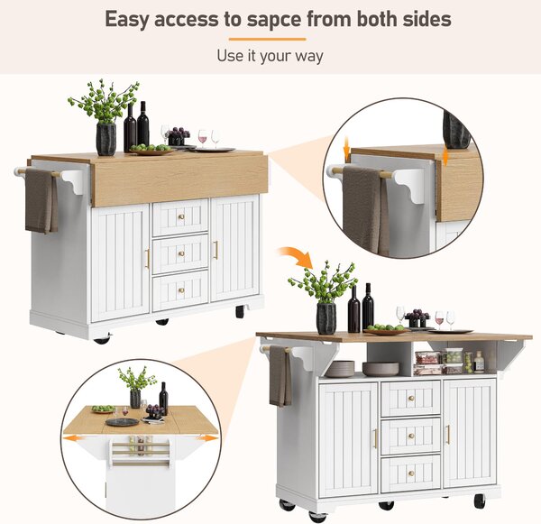 Extendable Kitchen Island with 3 Drawers, 2 Doors & Adjustable Shelves, Versatile Trolley for Dining, 120L x 40-80W x 95H cm, White Aosom UK