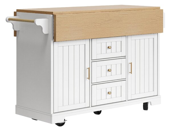 Extendable Kitchen Island with 3 Drawers, 2 Doors & Adjustable Shelves, Versatile Trolley for Dining, 120L x 40-80W x 95H cm, White Aosom UK
