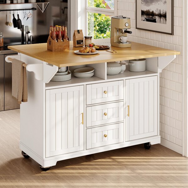 Extendable Kitchen Island with 3 Drawers, 2 Doors & Adjustable Shelves, Versatile Trolley for Dining, 120L x 40-80W x 95H cm, White Aosom UK