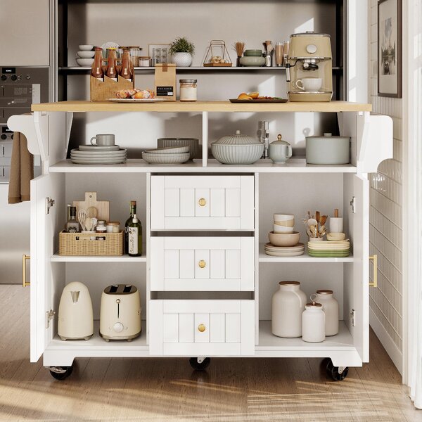 Extendable Kitchen Island with 3 Drawers, 2 Doors & Adjustable Shelves, Versatile Trolley for Dining, 120L x 40-80W x 95H cm, White Aosom UK