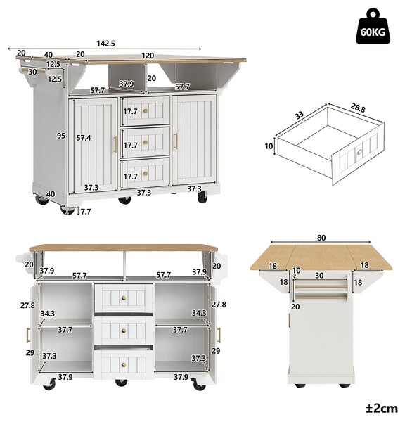 Extendable Kitchen Island with 3 Drawers, 2 Doors & Adjustable Shelves, Versatile Trolley for Dining, 120L x 40-80W x 95H cm, White Aosom UK