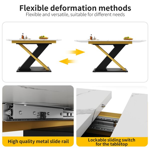 6–8 Seats Extendable Dining Table with Marble-Effect MDF Top, Kitchen Table with Metal Slide Rails, 120-160L x 80W x 75.5H cm, Black+Golden Aosom UK
