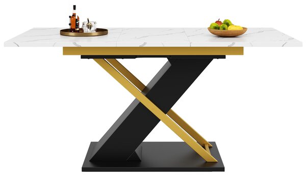 6–8 Seats Extendable Dining Table with Marble-Effect MDF Top, Kitchen Table with Metal Slide Rails, 120-160L x 80W x 75.5H cm, Black+Golden Aosom UK
