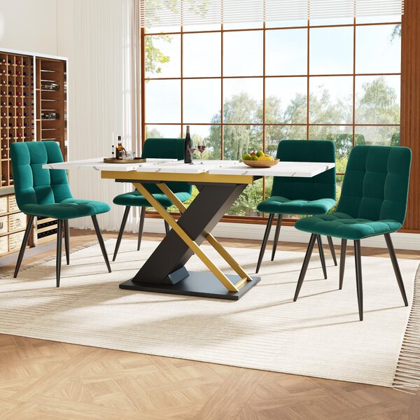 6–8 Seats Extendable Dining Table with Marble-Effect MDF Top, Kitchen Table with Metal Slide Rails, 120-160L x 80W x 75.5H cm, Black+Golden Aosom UK