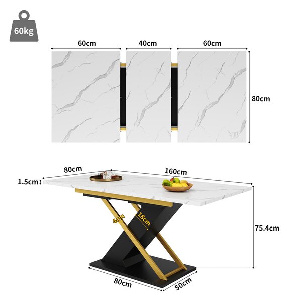 6–8 Seats Extendable Dining Table with Marble-Effect MDF Top, Kitchen Table with Metal Slide Rails, 120-160L x 80W x 75.5H cm, Black+Golden Aosom UK