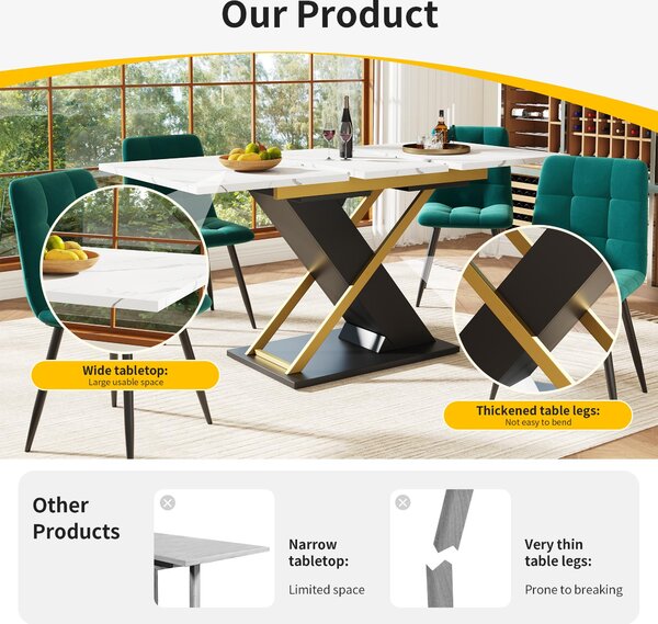 6–8 Seats Extendable Dining Table with Marble-Effect MDF Top, Kitchen Table with Metal Slide Rails, 120-160L x 80W x 75.5H cm, Black+Golden Aosom UK