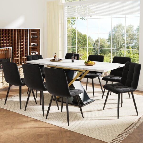 6–8 Seats Extendable Dining Table with Marble-Effect MDF Top, Kitchen Table with Metal Slide Rails, 120-160L x 80W x 75.5H cm, Black+Golden Aosom UK