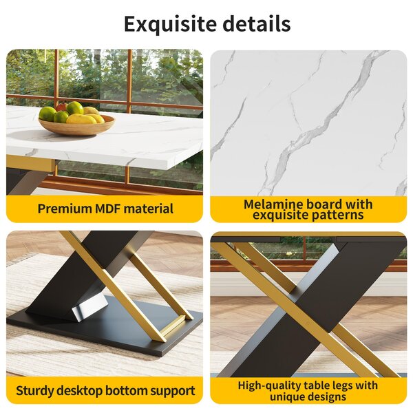 6–8 Seats Extendable Dining Table with Marble-Effect MDF Top, Kitchen Table with Metal Slide Rails, 120-160L x 80W x 75.5H cm, Black+Golden Aosom UK