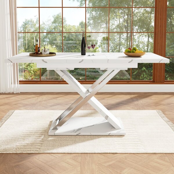 Extendable Dining Table with Locking Silent Metal Guide Rails, Space-Saving Table for 6 to 8 People, 118-157L x 75W x 76.5H cm, White Aosom UK