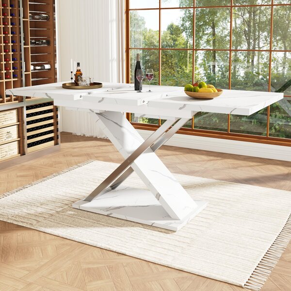 Extendable Dining Table with Locking Silent Metal Guide Rails, Space-Saving Table for 6 to 8 People, 118-157L x 75W x 76.5H cm, White Aosom UK