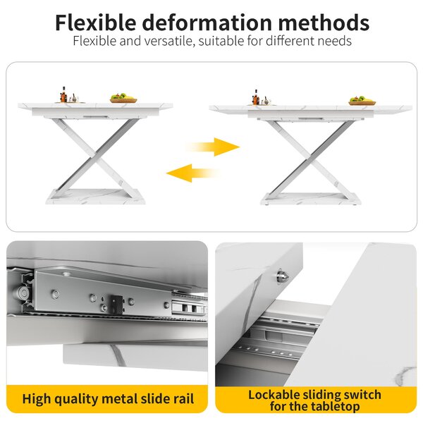 Extendable Dining Table with Locking Silent Metal Guide Rails, Space-Saving Table for 6 to 8 People, 118-157L x 75W x 76.5H cm, White Aosom UK
