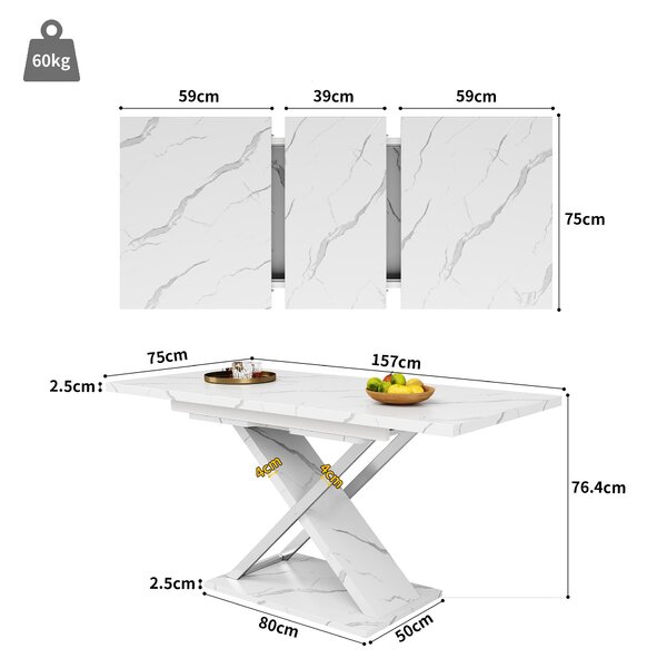 Extendable Dining Table with Locking Silent Metal Guide Rails, Space-Saving Table for 6 to 8 People, 118-157L x 75W x 76.5H cm, White Aosom UK