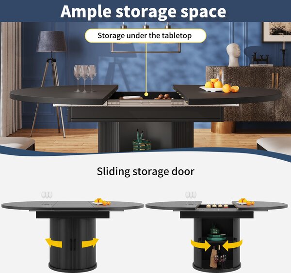 Extendable Dining Table with Curved Sliding Doors and 2 Shelves, Space-Saving Kichen Table for 6 People, 118L x 118W x 76H cm, Black Aosom UK