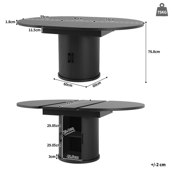Extendable Dining Table with Curved Sliding Doors and 2 Shelves, Space-Saving Kichen Table for 6 People, 118L x 118W x 76H cm, Black Aosom UK