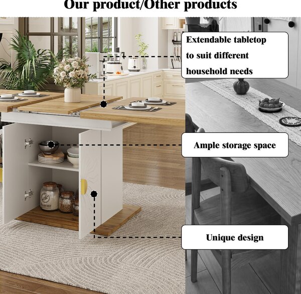 Extendable Dining Table with Leaf and Built-In Storage Shelves, Versatile Centrepiece for Open-Plan Areas, 110-140L x 70W x 76H cm, Wood Aosom UK