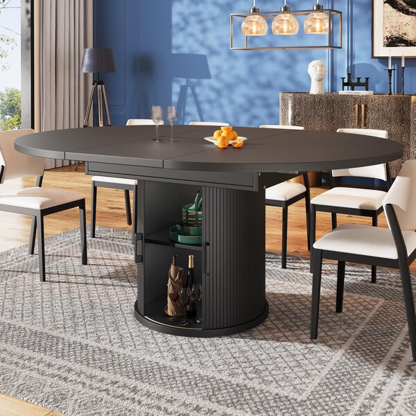 Extendable Dining Table with Curved Sliding Doors and 2 Shelves, Space-Saving Kichen Table for 6 People, 118L x 118W x 76H cm, Black Aosom UK