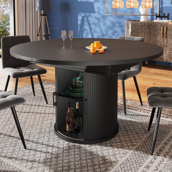 Extendable Dining Table with Curved Sliding Doors and 2 Shelves, Space-Saving Kichen Table for 6 People, 118L x 118W x 76H cm, Black Aosom UK