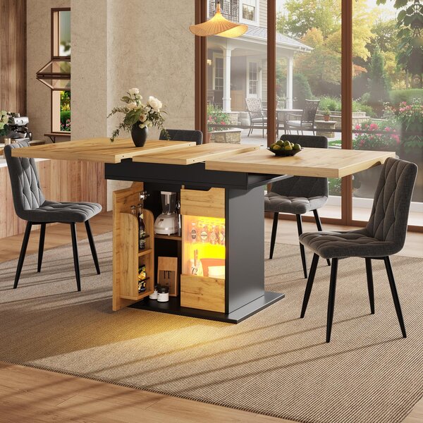 Telescopic Table with App-Controlled LED Lighting and USB Port, Extendable Dining Table for 4-6 People, 110-140L x 80W x 76H cm, Black Aosom UK