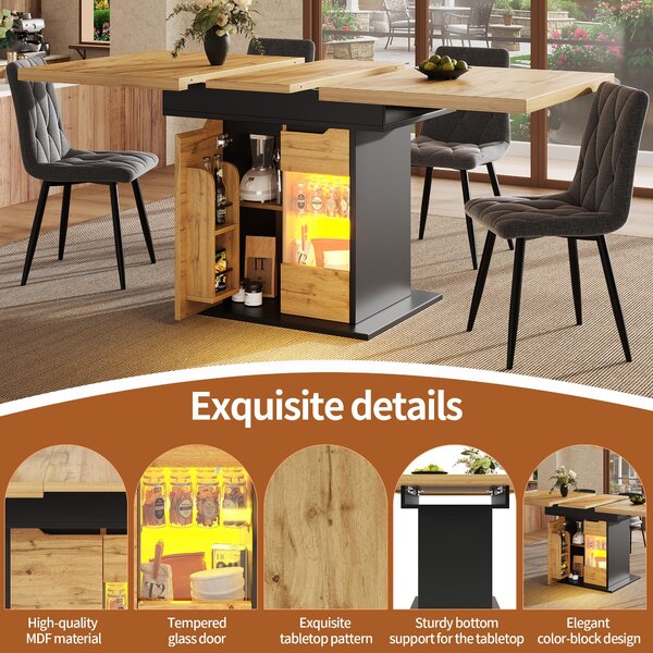 Telescopic Table with App-Controlled LED Lighting and USB Port, Extendable Dining Table for 4-6 People, 110-140L x 80W x 76H cm, Black Aosom UK