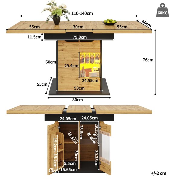 Telescopic Table with App-Controlled LED Lighting and USB Port, Extendable Dining Table for 4-6 People, 110-140L x 80W x 76H cm, Black Aosom UK