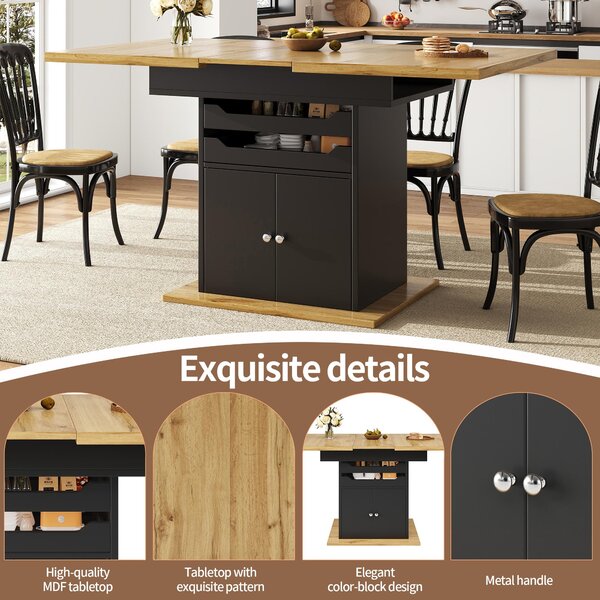 Telescopic Dining Table with Pull-Out Drawers & Integrated Cabinet, Extendable Kichen Table for 4-6 people, 110-140L x 80W x 76H cm, Black Aosom UK