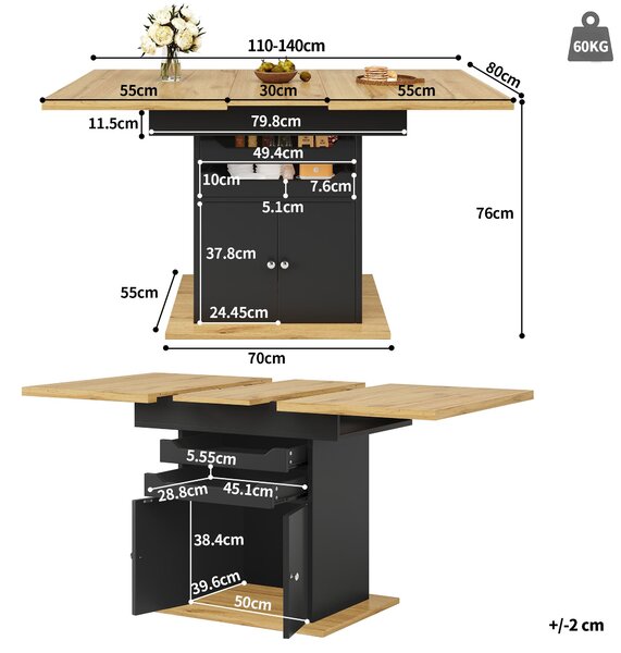 Telescopic Dining Table with Pull-Out Drawers & Integrated Cabinet, Extendable Kichen Table for 4-6 people, 110-140L x 80W x 76H cm, Black Aosom UK