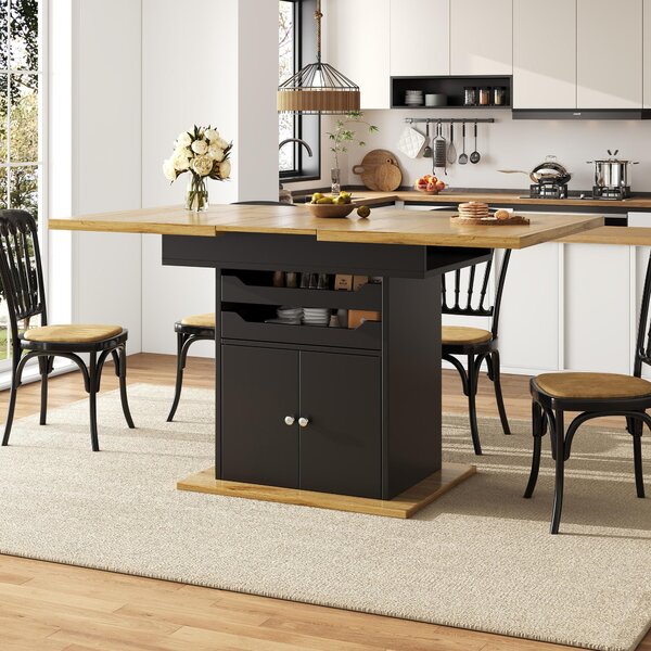 Telescopic Dining Table with Pull-Out Drawers & Integrated Cabinet, Extendable Kichen Table for 4-6 people, 110-140L x 80W x 76H cm, Black Aosom UK