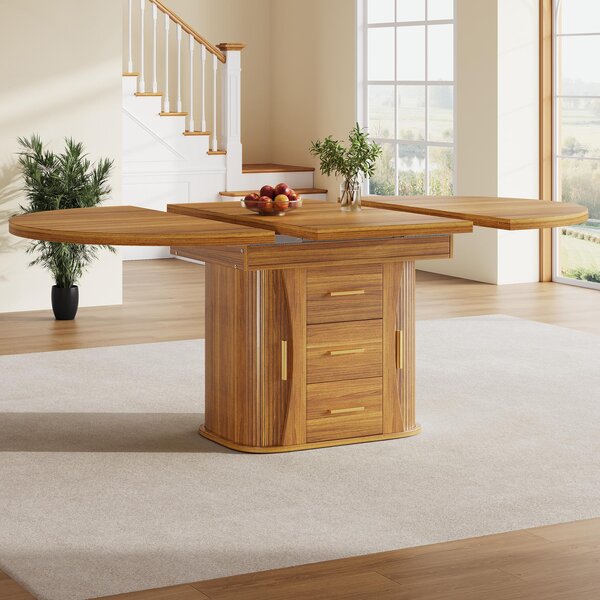 Extendable Dining Table with 3-Tier Hidden Storage and Sliding Rail, Round Kitchen Table for 6 People, 118-158L x 118W x 77H cm, Walnut Aosom UK