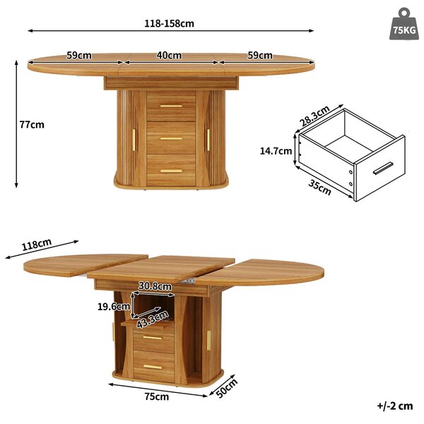 Extendable Dining Table with 3-Tier Hidden Storage and Sliding Rail, Round Kitchen Table for 6 People, 118-158L x 118W x 77H cm, Walnut Aosom UK