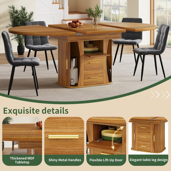 Extendable Dining Table with 3-Tier Hidden Storage and Sliding Rail, Round Kitchen Table for 6 People, 118-158L x 118W x 77H cm, Walnut Aosom UK