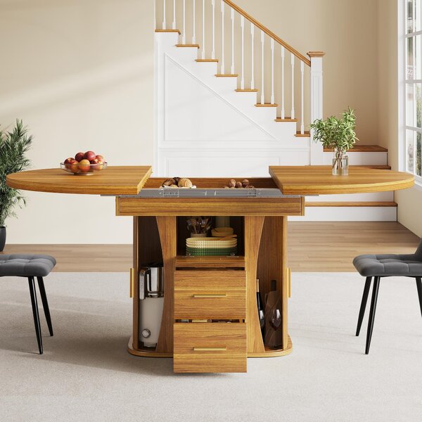 Extendable Dining Table with 3-Tier Hidden Storage and Sliding Rail, Round Kitchen Table for 6 People, 118-158L x 118W x 77H cm, Walnut Aosom UK