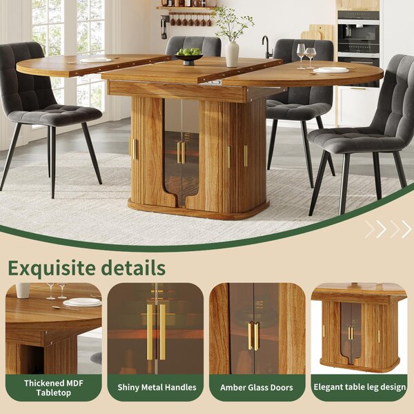 Extendable Dining Table with Hidden Storage and Glass Doors, Round Kitchen Table for 6 People, 118-158L x 118W x 77H cm, Walnut Aosom UK